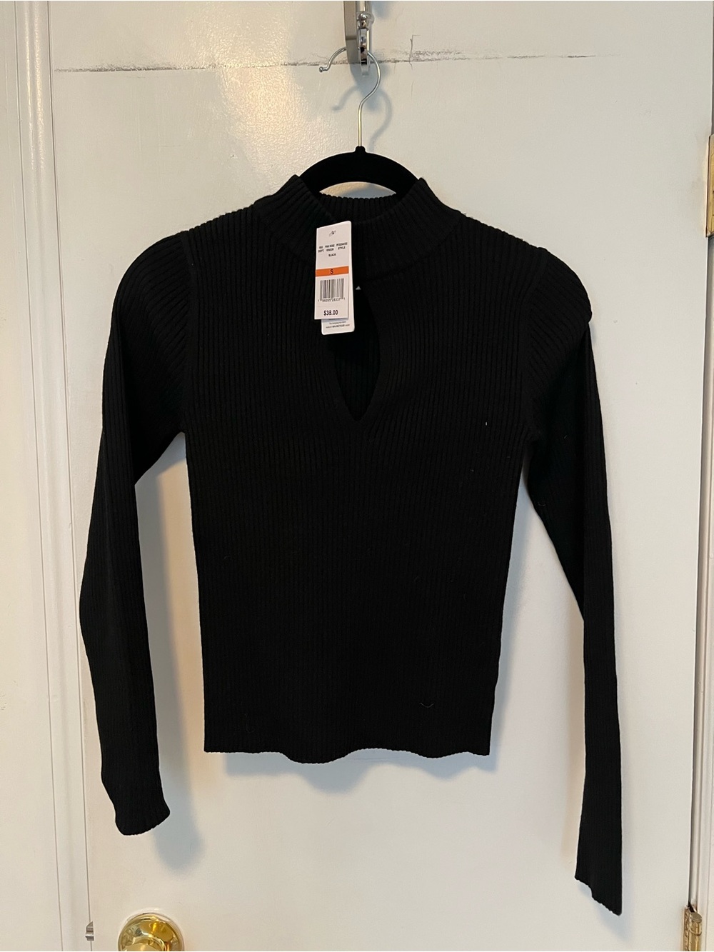 Pink Rose Black Ribbed Long Sleeve Keyhole Sweater